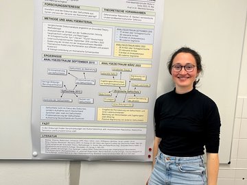 Eine Studierende präsentiert eine Poster mit dem Titel "Geflüchtete und Menschen aus der Ukraine".