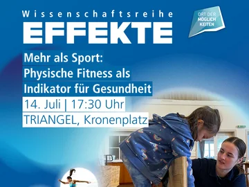 Vor dem EFFEKTE Hintergrund in Blau mit EFFEKTE-Logo und Daten der Veranstaltung ist ein Bild mit folgendem Inhalt: eine Studentin beobachtet eine Schülerin bei einer Rumpfbeuge in der Sporthalle.
