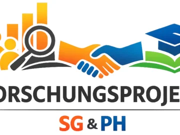Neben dem Schriftzug "Forshcungsprojekt SG & PH" drücken sich zwei Hände, eine im Hintergrund eine Gruppe als Symbol für Schule, die andere einen Doktorhut als Symbol für Hochschule
