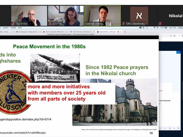 Online-Kooperationsseminar: Präsentation von Prof. Dr. Sabine Liebig (3.v.l.), Gastgeber war Dr. Nimrod Tal aus Tel Aviv (1.v.l.). Screenshot: PHKA
