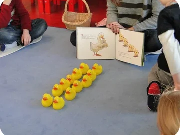 Eine Person hält ein Bilderbuch mit Entenbilden, davor stehen 12 gelbe Gummienten auf dem Boden.