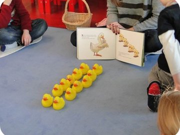 Eine Person hält ein Bilderbuch mit Entenbilden, davor stehen 12 gelbe Gummienten auf dem Boden.