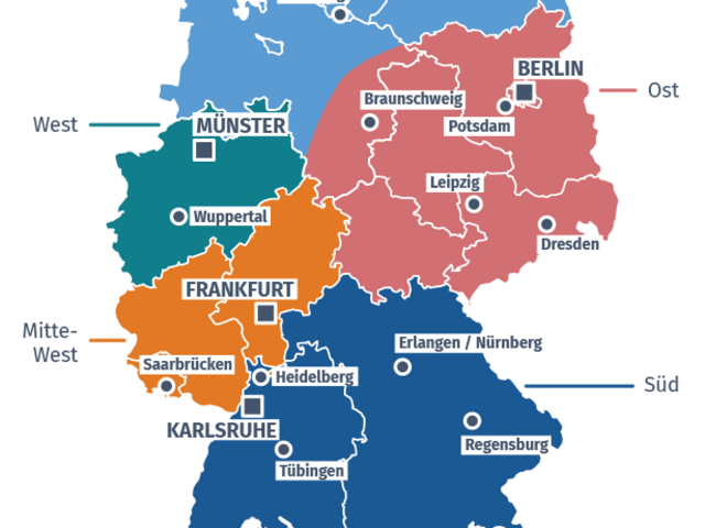 Deutschlandkarte, in der die Regionalzentren von LemaS und weitere beteiligte Hochschulen verzeichnet sind