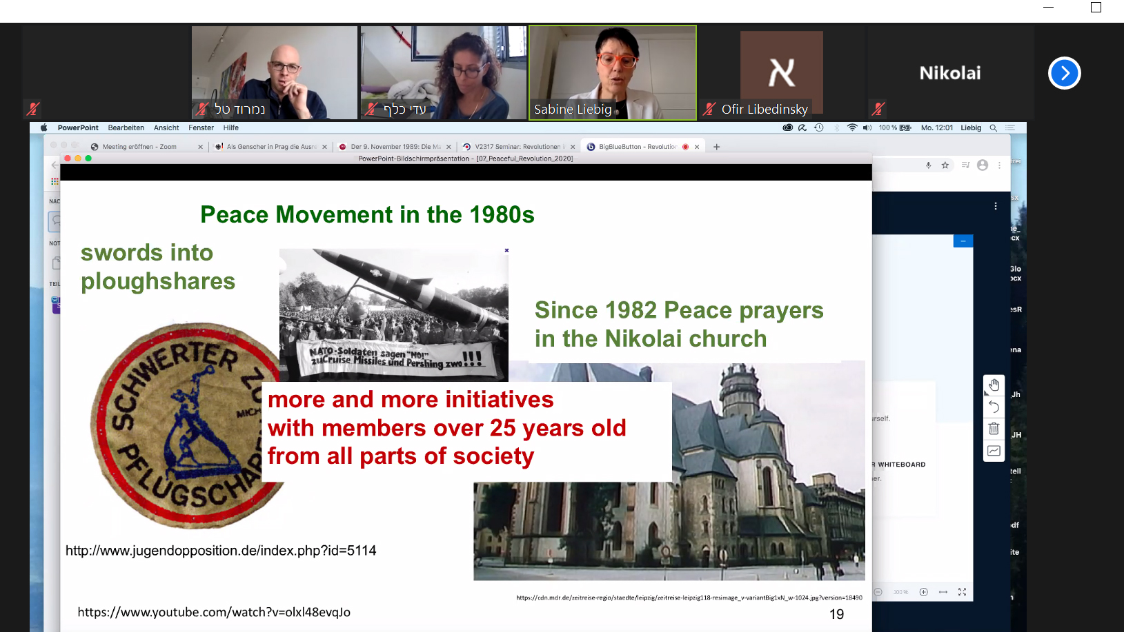Online-Kooperationsseminar: Präsentation von Prof. Dr. Sabine Liebig (3.v.l.), Gastgeber war Dr. Nimrod Tal aus Tel Aviv (1.v.l.). Screenshot: PHKA