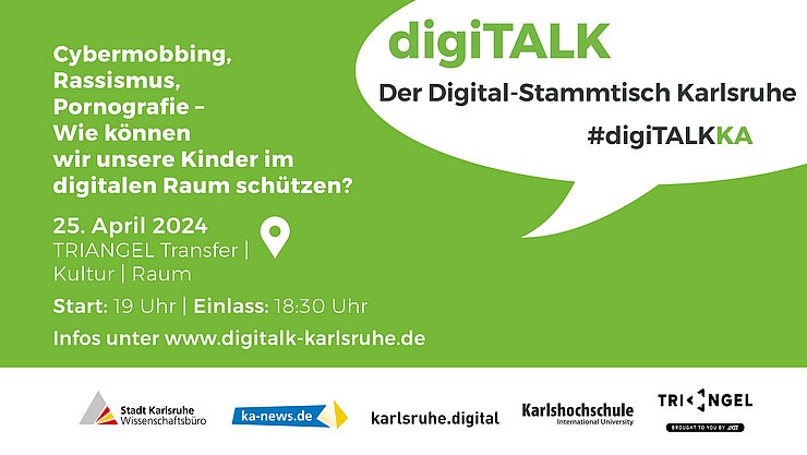 Posting DigiTALK April 2024 Grüne Fläche mit weißer Sprechblase mit Daten zur Veranstaltung. Unten die Logos der beteiligten Institutionen.