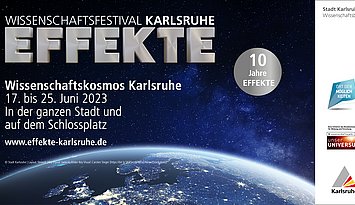 EFFEKTE Banner 10 Jahre Das EFFEKTE Logo und die Daten zum Festival vor einem Sternenhimmel und einer abgeschnittenene Erdhalbkugel, rechts ein grauer Kreis mit "10 Jahre"