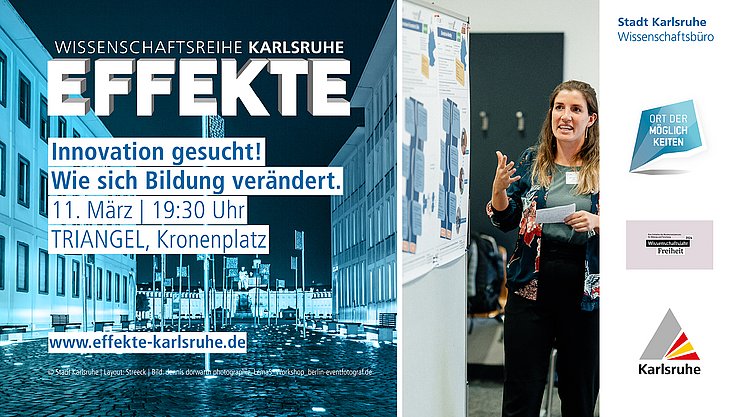 2025_03_11_EFFEKTE_Titelbild Neben dem Logo und Symbilbild der EFFEKTE-Reihe 2024-25 ist das Bild einer Frau bei einer wissenchaftlichen Präsentaiton, ganz rechts die Logos der Veranstalter