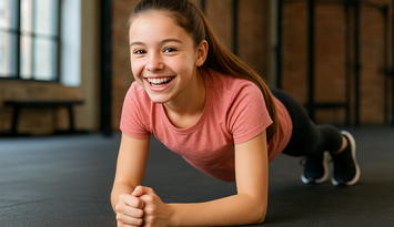 Ein etwa 10-12-jähriges Mädchen in Sportkleidung stützt sich auf Ihre ellenbogen und Fußzehen