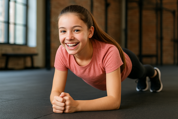 Ein etwa 10-12-jähriges Mädchen in Sportkleidung stützt sich auf Ihre ellenbogen und Fußzehen