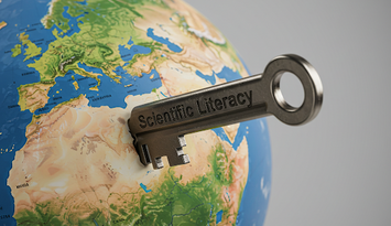 Ein Schlüssel mit der Aufschrift Scintific Literacy steckt in einer Weltkugel.